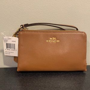 Coach Corner Zip Smooth Dbl Leather Wallet F64581 Wristlet in Saddle
